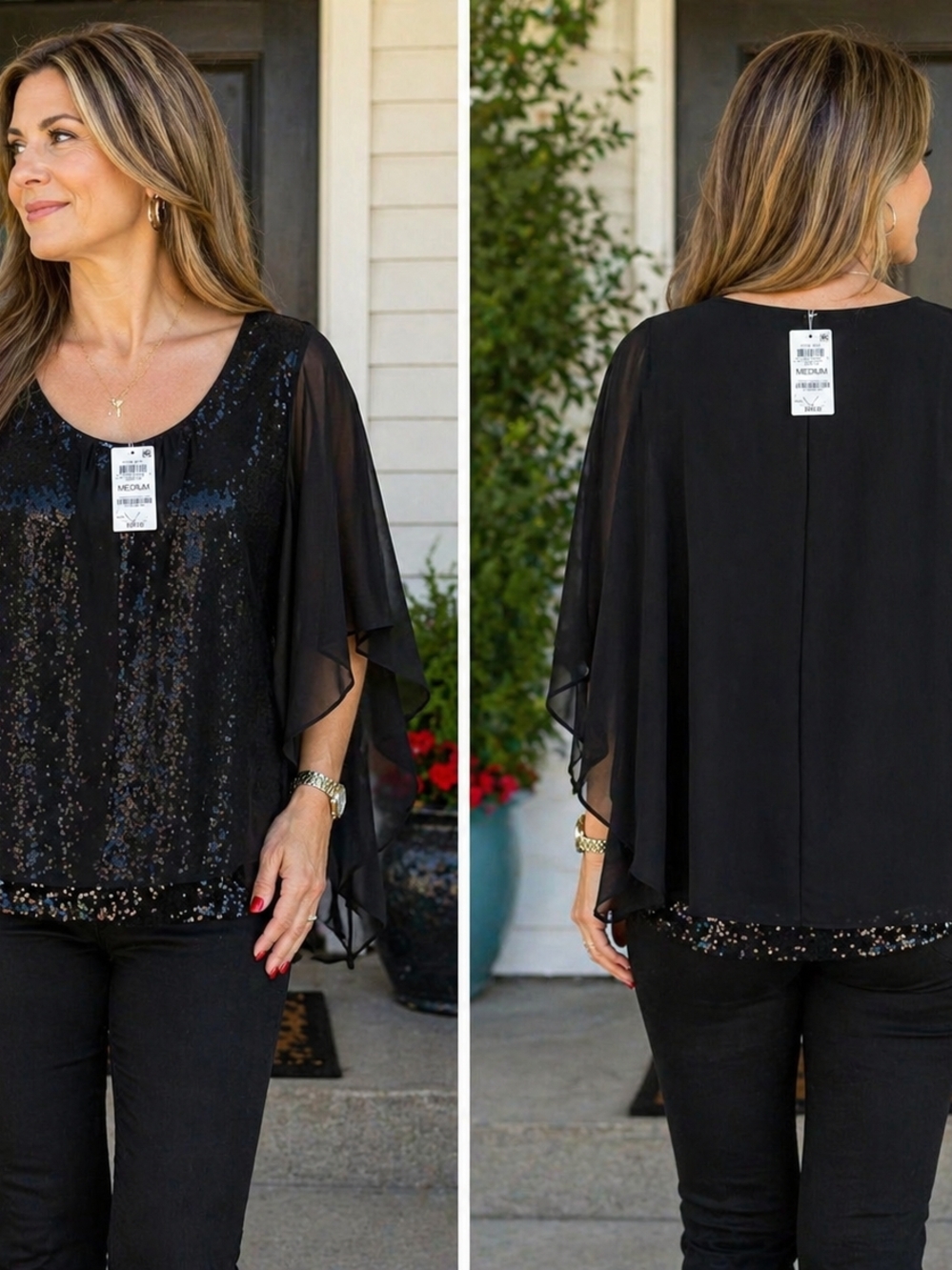NWT JM Collection Black Sheer Sequin Tank Top Cape-Sleeve Blouse